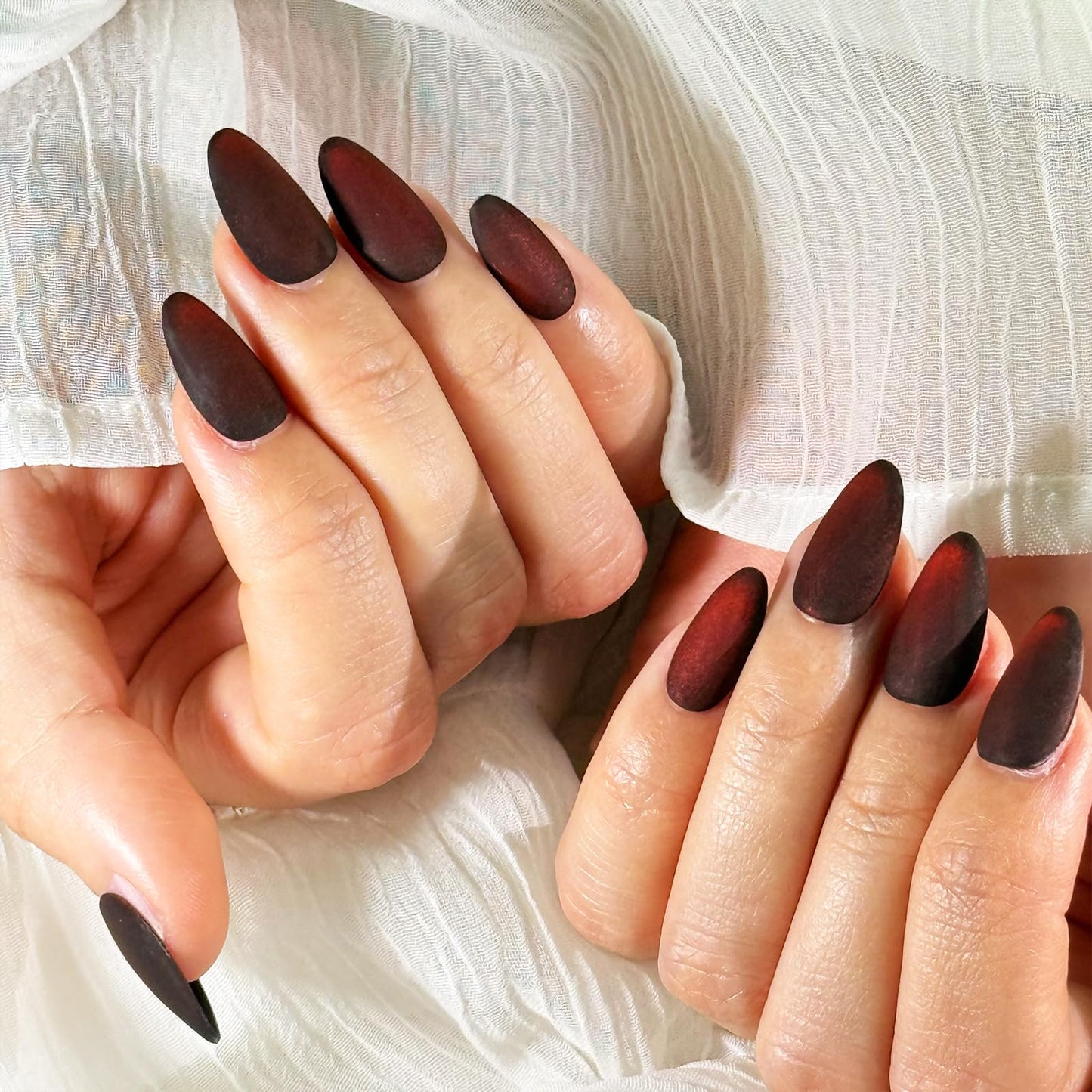 Velvet Matte Burgundy Almond Press On Nails, 10Pcs Reusable Fake Nails Manicure Kit with Adhesive Tabs for Women