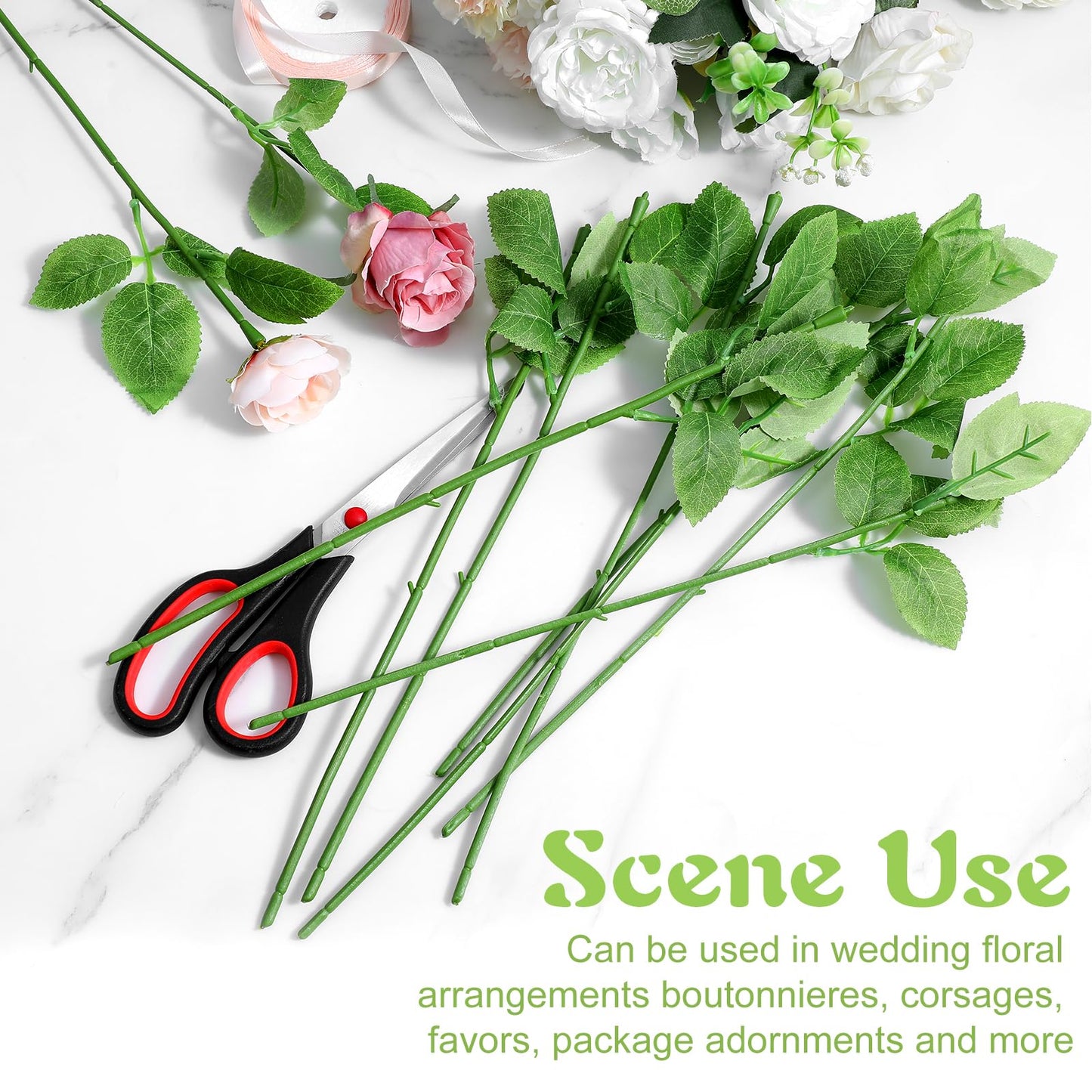 Tolare 100 Pcs Rose Stems with Leaves, Fake Flower Stems Artificial Plastic Floral Wire DIY Craft Supplies for Bouquet Making Wedding Party Home Decor Arrangement Tools