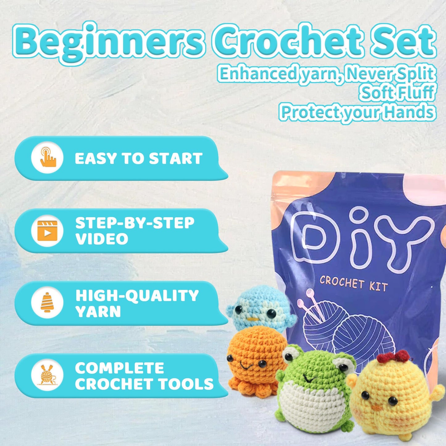 YAMAXIN Crochet Kit for Beginners Adults – 4PCS Animal Amigurumi Crochet Starter Kit with Yarn, Hooks, Tools, and Video Tutorials – DIY Knitting Craft Kit (Chick, Frog, Penguin, Octopus)