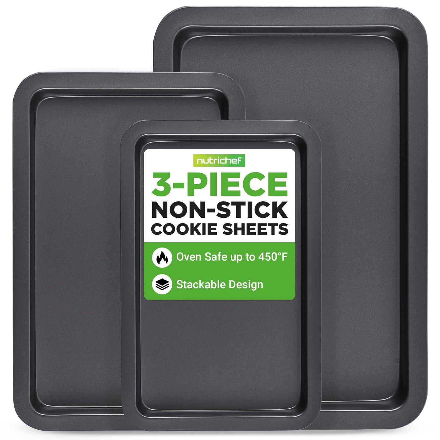 NutriChef 3-Piece Nonstick Baking Sheet Set – Non-Toxic Cookie Sheets for Everyday Baking – Small, Medium & Large Oven Safe Bakeware Trays – Warp-Resistant, Easy to Clean & Dishwasher Safe