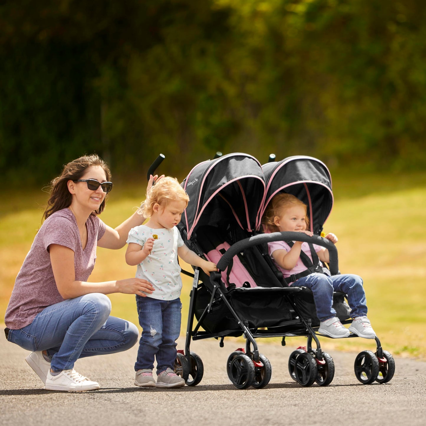 Dream On Me Volgo Twin Baby Stroller, Lightweight Side-by-Side Double Umbrella Stroller with Adjustable Canopy, 5-Point Harness, Storage Basket & Travel-Friendly Fold – Pink