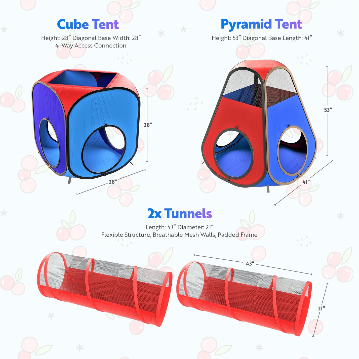 Playz 4pc Pop Up Play Tent and Tunnel Bundle for Toddlers and Kids - Indoor & Outdoor Playhouse with Storage Bag, Red & Blue