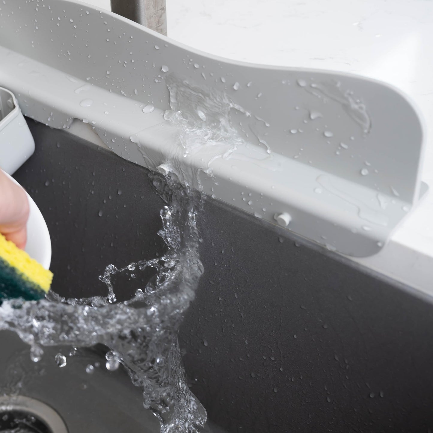 Silicone Sink Splash Guard with Sponge Holder -19.5" x 4.5" x 2.5",- Strong Suction - Sink Edge Protectors for Kitchen Sink - Kitchen Sink Splash Guard - Gray