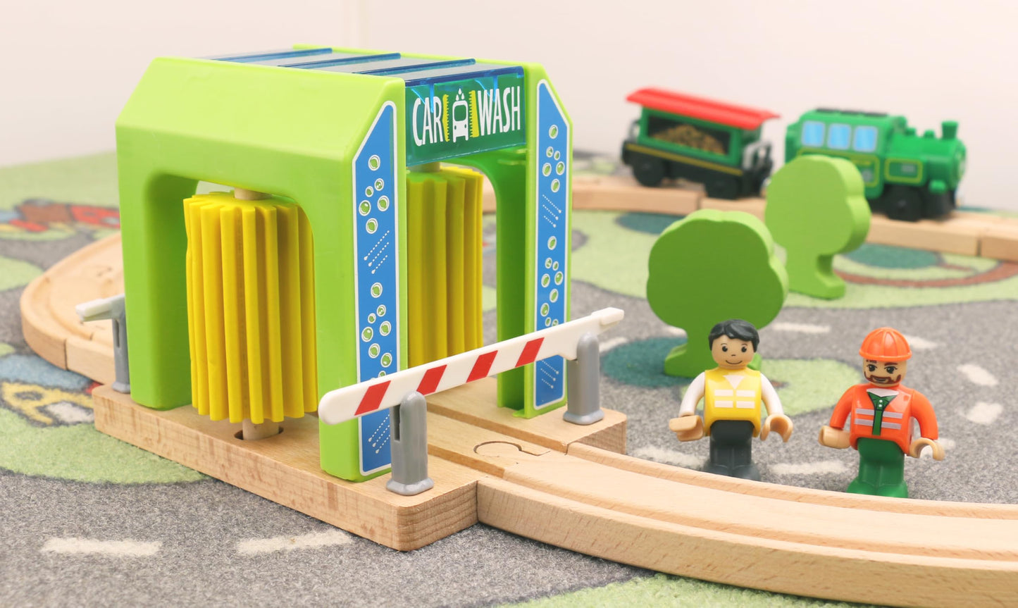 Wooden Car Wash Station with Train Truck,Expansion Pack Compatible with Railway Train Set,Wooden Toy Train Accessory for Kids Age 3 and Up