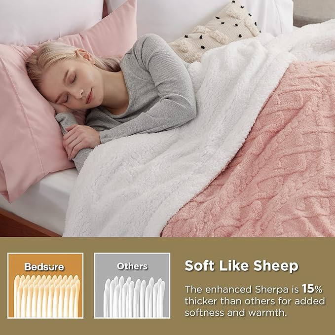 Bedsure Sherpa Queen Size Blanket for Bed - GentleSoft Fleece Fluffy & Cozy Cable Jacquard Tufted for Women Gift, Thick and Warm Blankets for Winter, Pink, 90x90 Inches