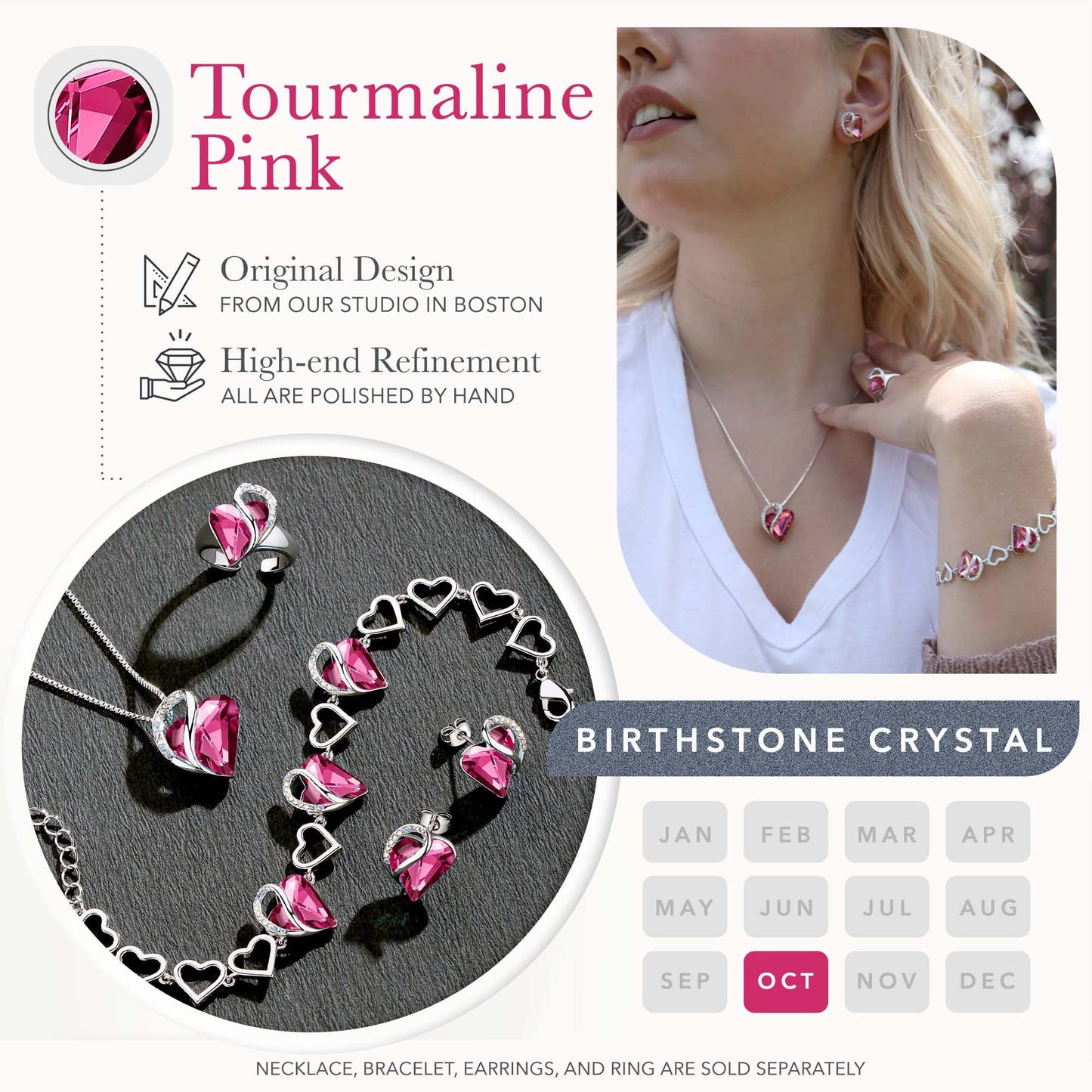 Leafael Infinity Love Heart Gift Bracelet for Women, October Birthstone Crystal, Tourmaline Hot Pink, Silver Tone, 7-inch Chain and 2-inch Extender