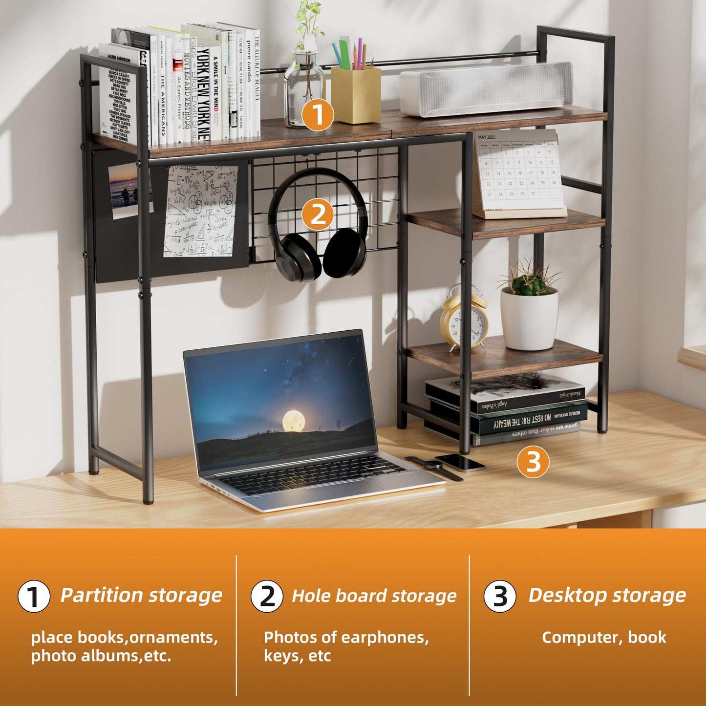 ZNMYDMT 38.5" 3-Tier Desktop Bookshelf | Desk Organizer Shelf & Computer Monitor Stand | Dark Brown Home Office Storage