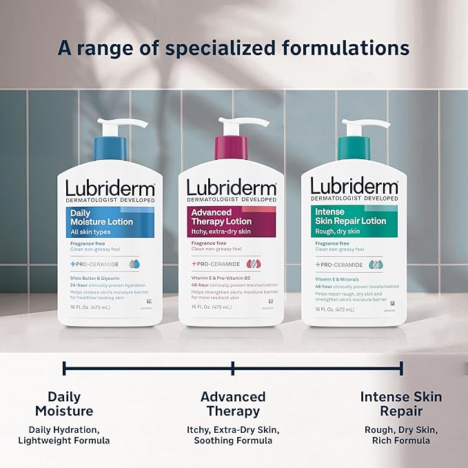 Lubriderm Daily Moisture Lotion + Pro-Ceramide with Shea Butter & Glycerin Helps Moisturize Dry Skin, Hydrating Face, Hand & Body Lotion is Lightly Scented & Non-Greasy, 24 fl. oz (Pack of 2)
