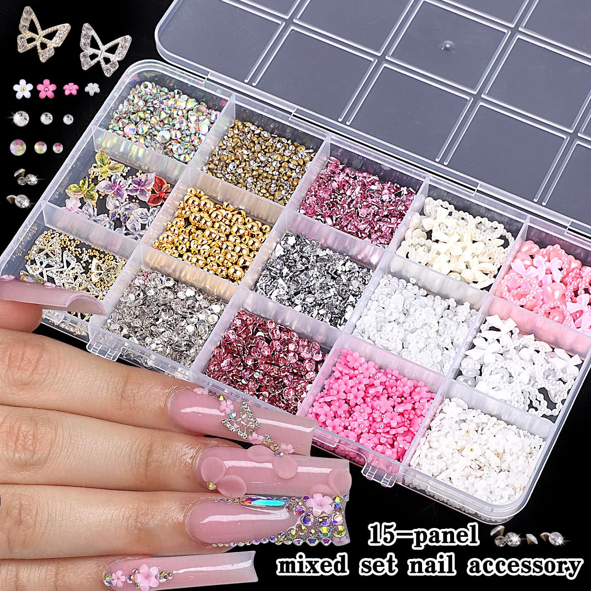 Chunmeng 10000 Nail Spells and Gem Set, Pink Cute Bow, 3D Flowers, Gold Butterfly Pendant - Nail Art Water Diamond, Pearl, Diamond Gem, Comes with DIY Nail Tools