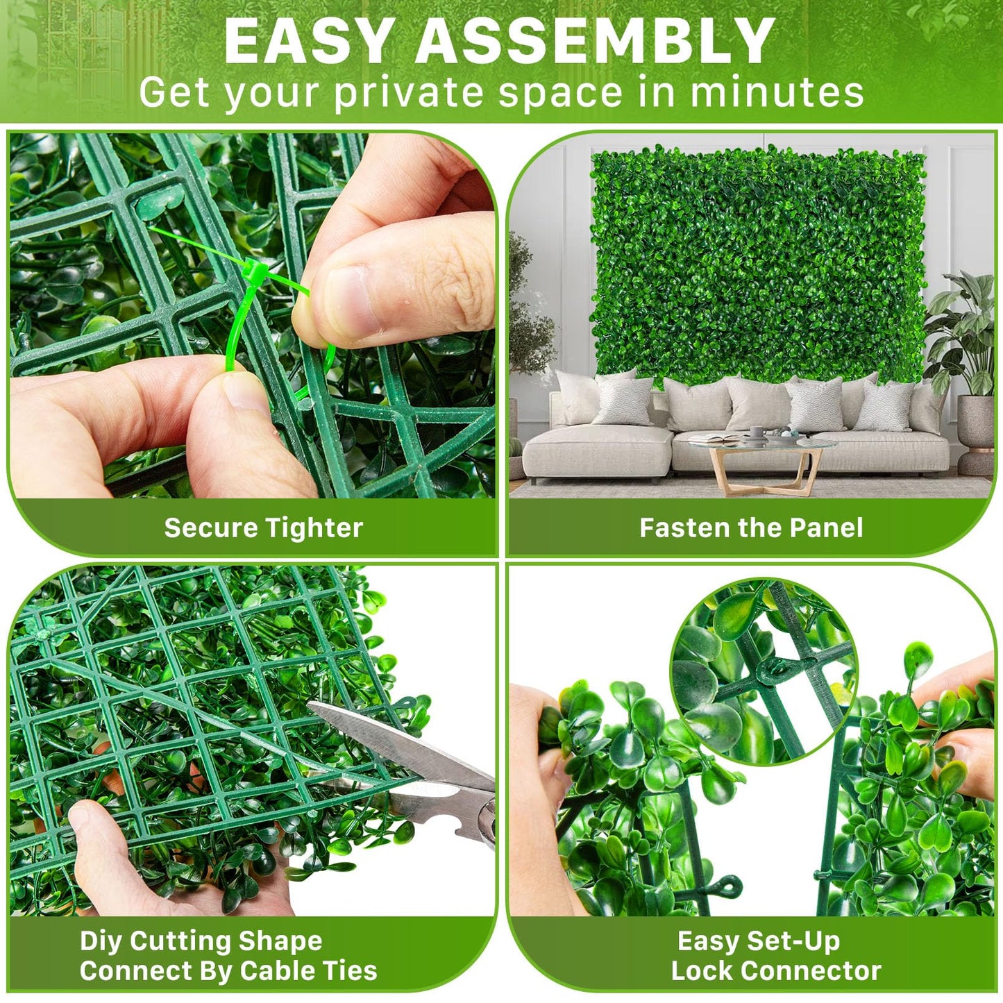 PLMMOUT 12 PCS Artificial Grass Wall Panels, 10"x10" Faux Hedge, Green, Modern Style, Polyethylene Material, Perfect for Indoor/Outdoor Decor