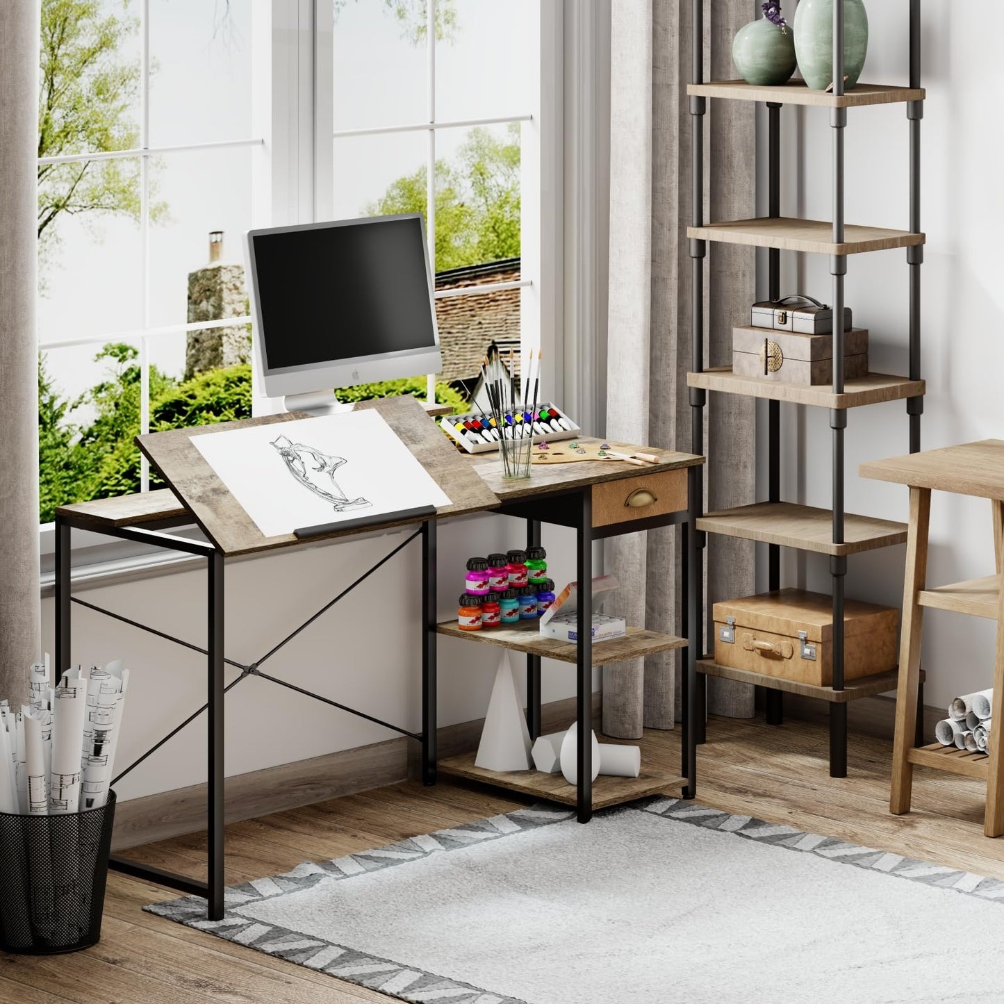 X-cosrack Drafting Table with Storage Shelves & Drawer, 43" Adjustable Art Desk with Monitor Stand for Home Office Computer, Tiltable Draft Drawing Table for Artist, Study, Writing Workstation