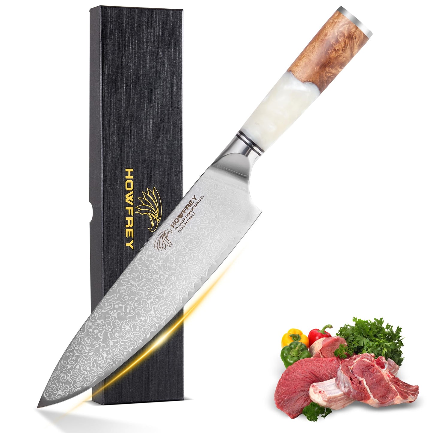 Damascus Chef Knife 8 Inch, 67-Layer Japanese Kitchen Knives Sharp VG-10 High Carbon Stainless Steel with Ergonomic Pakkawood Handles, Elegant Gift Box Packaging for Home and Kitchen