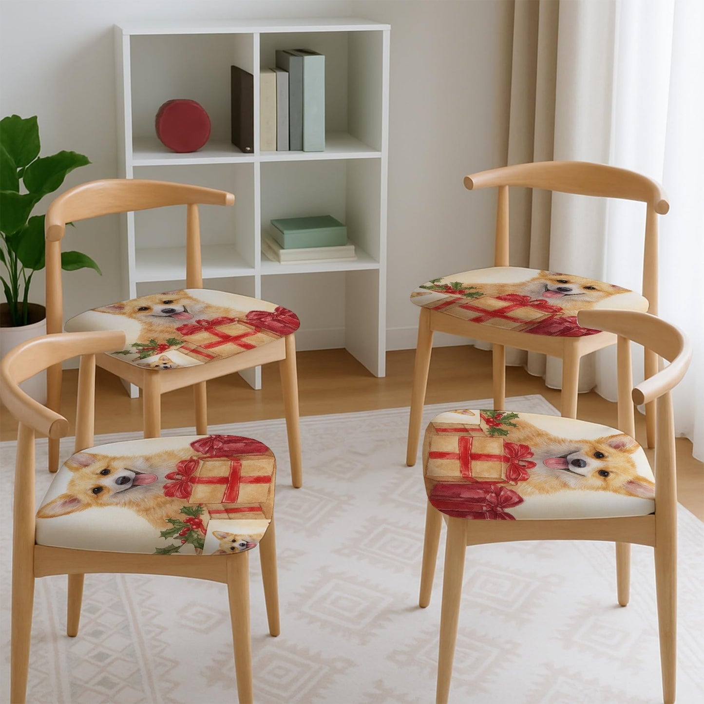 Corgi Holiday Chair Seat Covers, Stretch Spandex Washable Cushion Slipcovers with Gift Boxes Design, Festive Decorative Covers for Home Dining Decor 4pcs