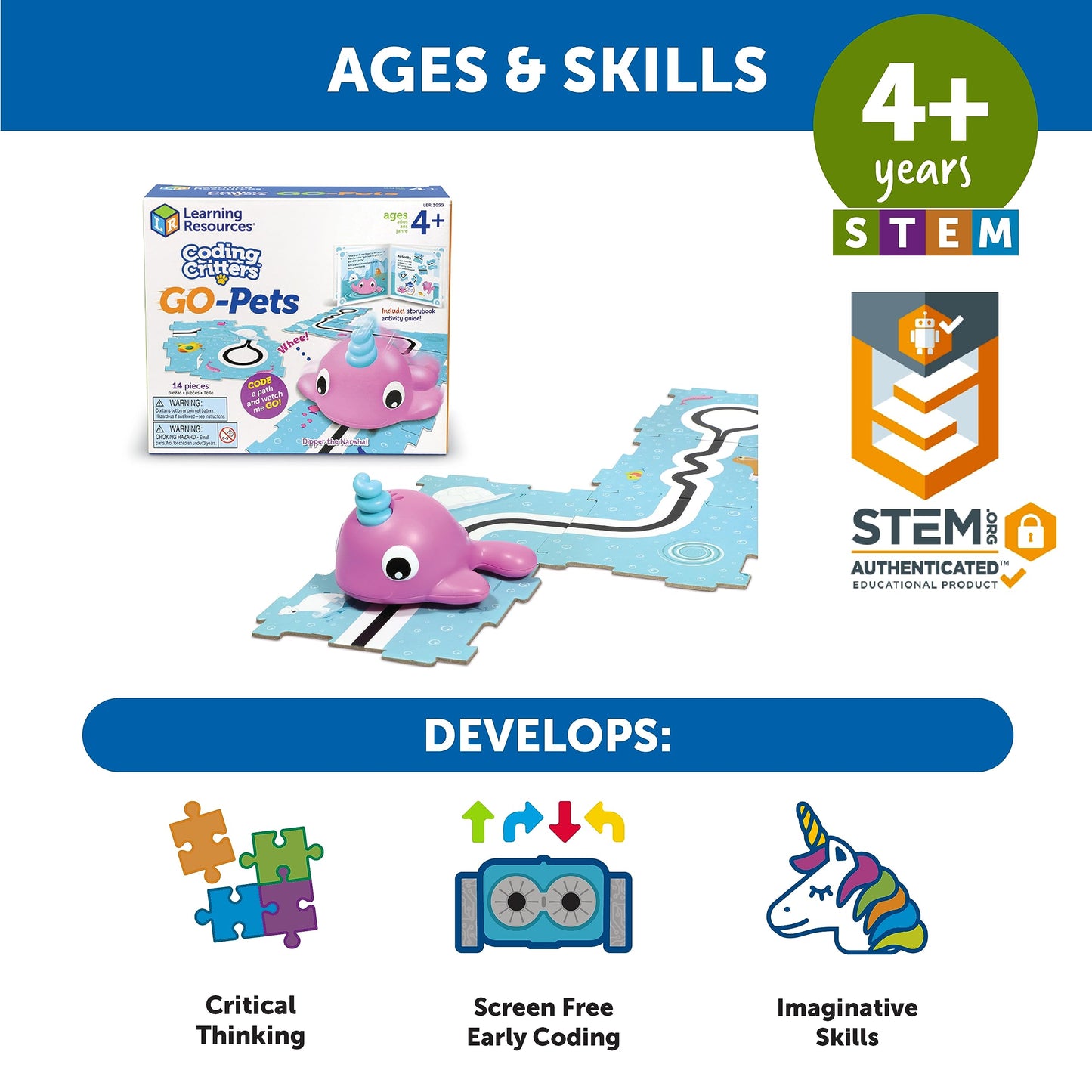 Learning Resources Coding Critters Go Pets Dipper the Narwhal - 14 Pieces, Ages 4+ Screen-Free Early Coding Toy For Kids, Interactive STEM Coding Pet, Toddler Learning Toys
