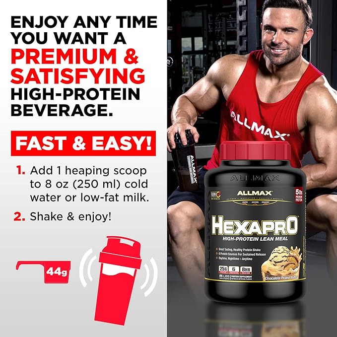 ALLMAX HEXAPRO, Chocolate - 5 lb - 25 Grams of Protein Per Serving - 8-Hour Sustained Release - Zero Sugar - 52 Servings
