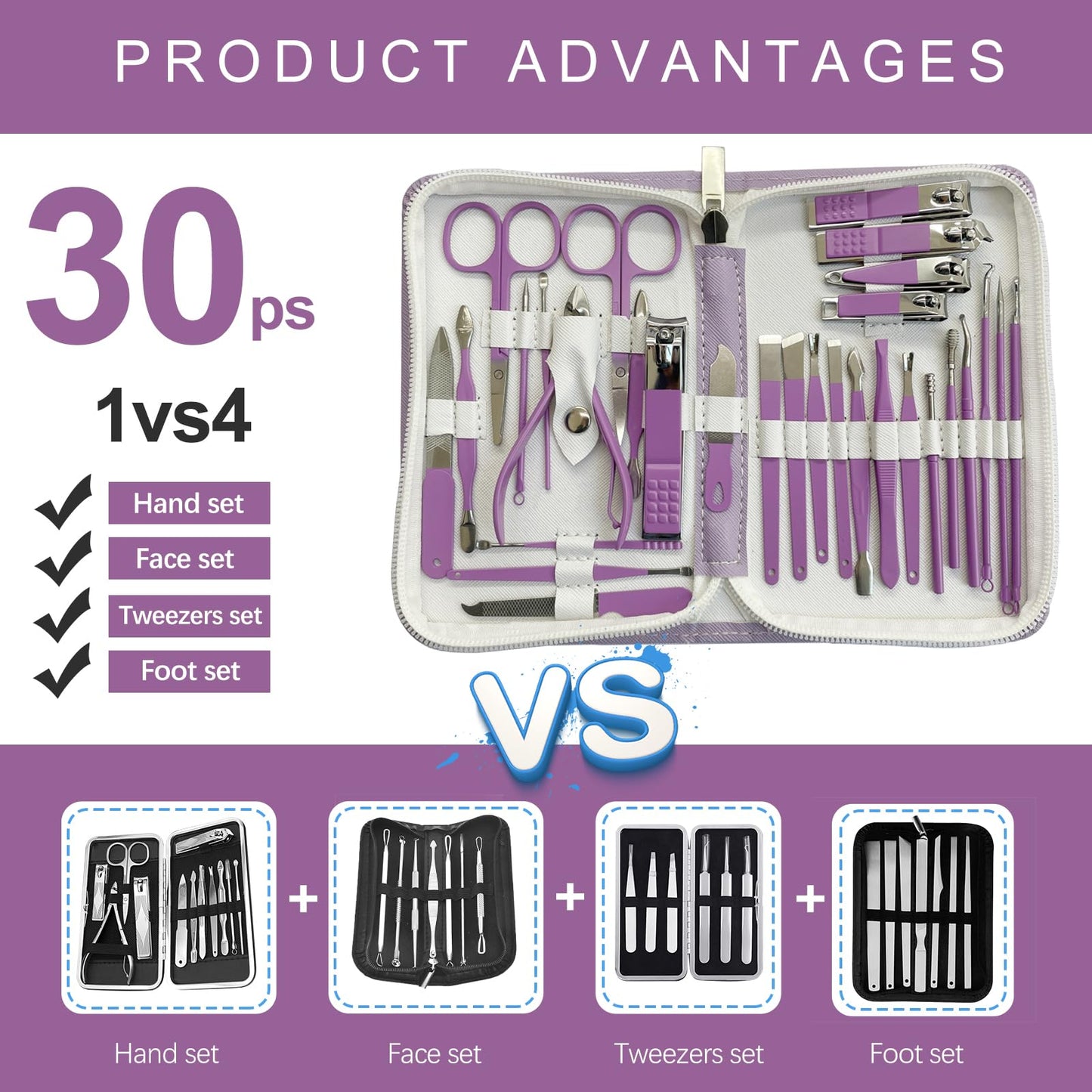 Manicure Set 30 in 1 Nail Clippers Set,Nail Manicure Kit for Women,RedFlow Toenail Clippers,Pedicure Kit,Pedicure Tools,Suitable for Travel Manicure Tools (Purple)