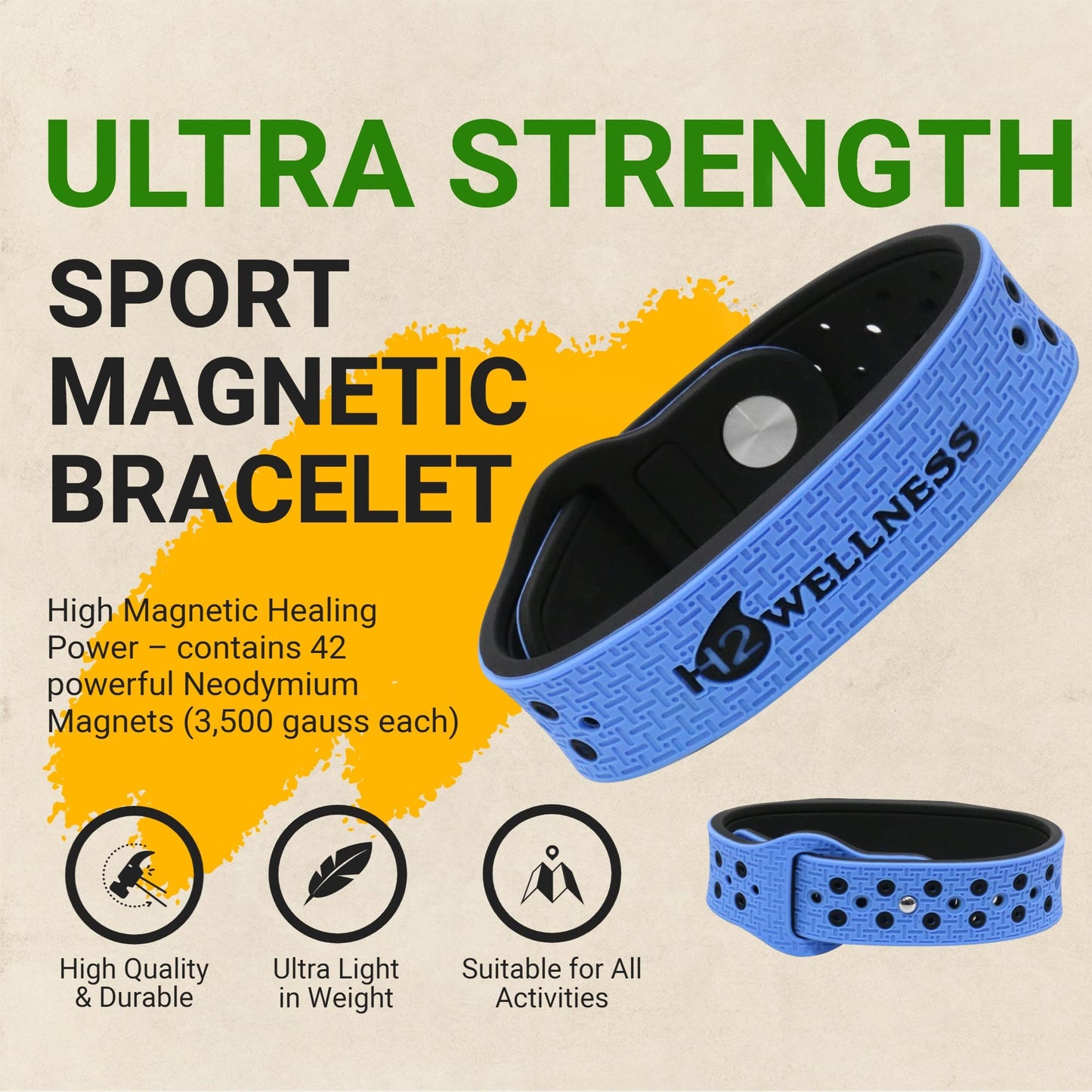 H2WELLNESS Magnetic Therapy Bracelet Super Ultra Strength Waterproof Breathable Comfortable Adjustable Infused with Titanium and Copper Sport Band (Blue)