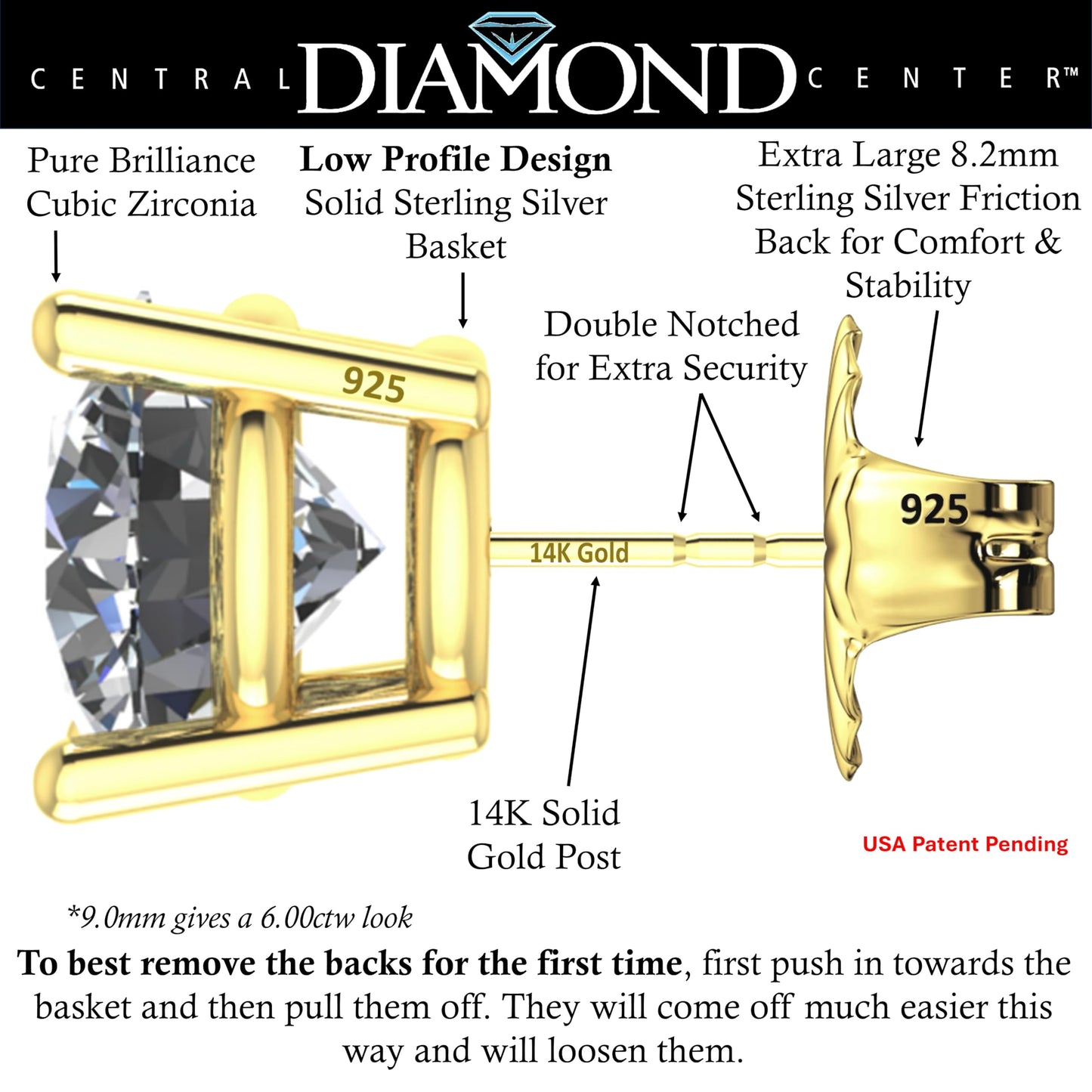Central Diamond Center 14K Solid Gold Post & Sterling Silver 4 Prong CZ Stud Earrings - Yellow Gold Plated - 9.00mm - 6.00cttw