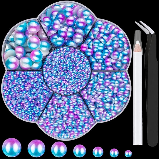 Nail Art Flat Back Half Round Pearl Kits 19, 1 Box of 6000 Pcs Flat-Back Blue Mermaid Pearl with Tweezer and Picker Pencil for Home DIY Nails Body Face Craft and Salon Use