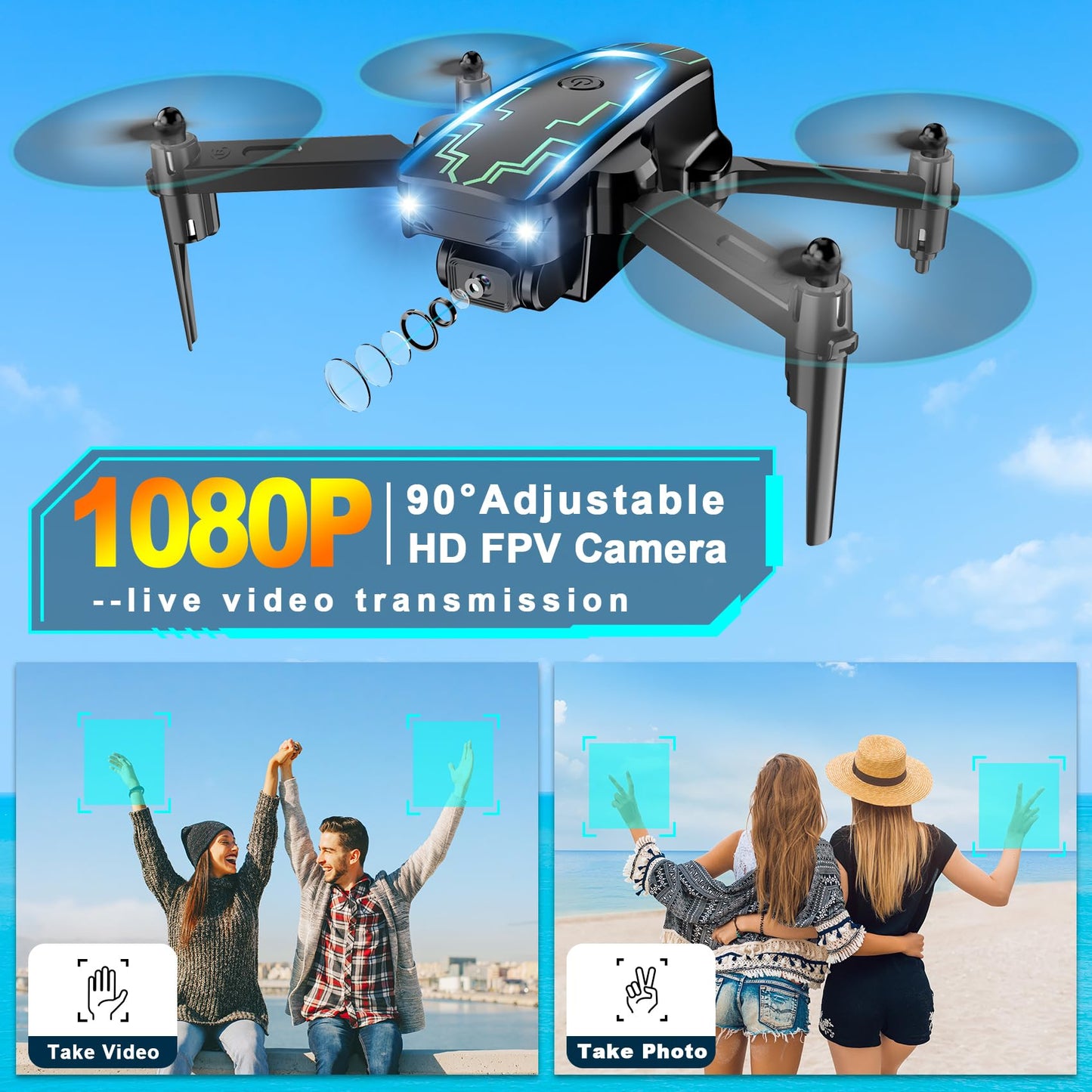 Mini Drone with Camera for Adults Kids - 1080P HD FPV Camera Drones with 90° Adjustable Lens, Gestures Selfie, One Key Start, 360° Flips, Toys Gifts RC Quadcopter for Boys Girls with 2 Batteries