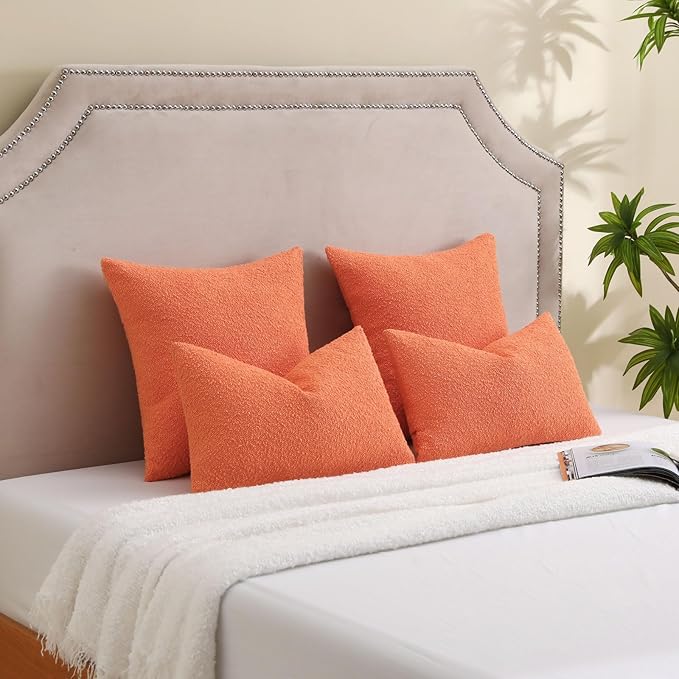 FUTEI Pack of 2 Orange Decorative Throw Pillow Covers 26x26 Inch Soft Cozy Solid Boucle Textured Euro Pillow Shams,Modern Home Decor for Couch Bed Living Room
