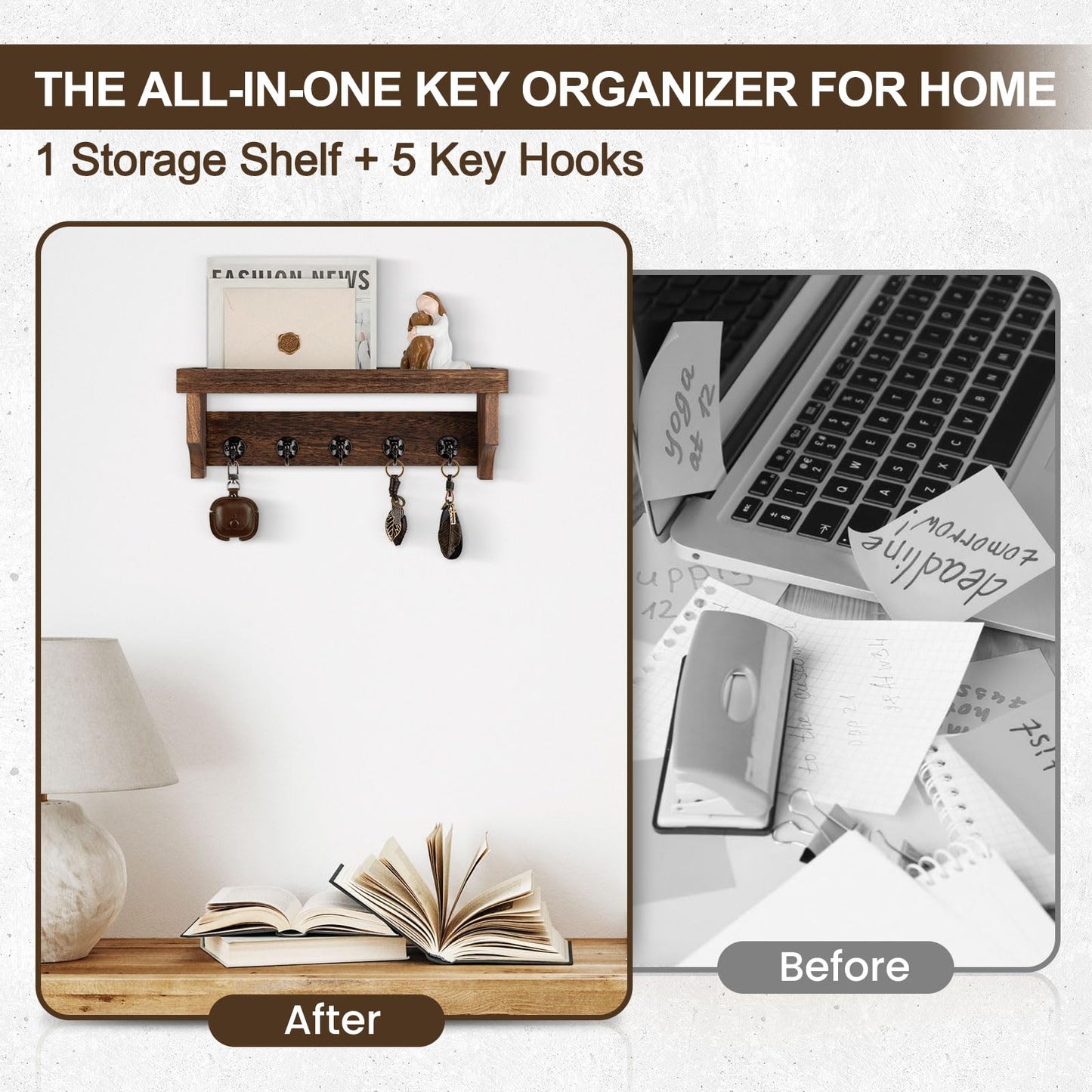 Lucundm Key and Mail Holder Wall Mount, Key Holder with Shelf and Mail Organizer Wall Mount. Mail Holder with 5 Hooks for Coat, Dog Leash, Home Decor Rack, Entry Way Organizer (Brown)