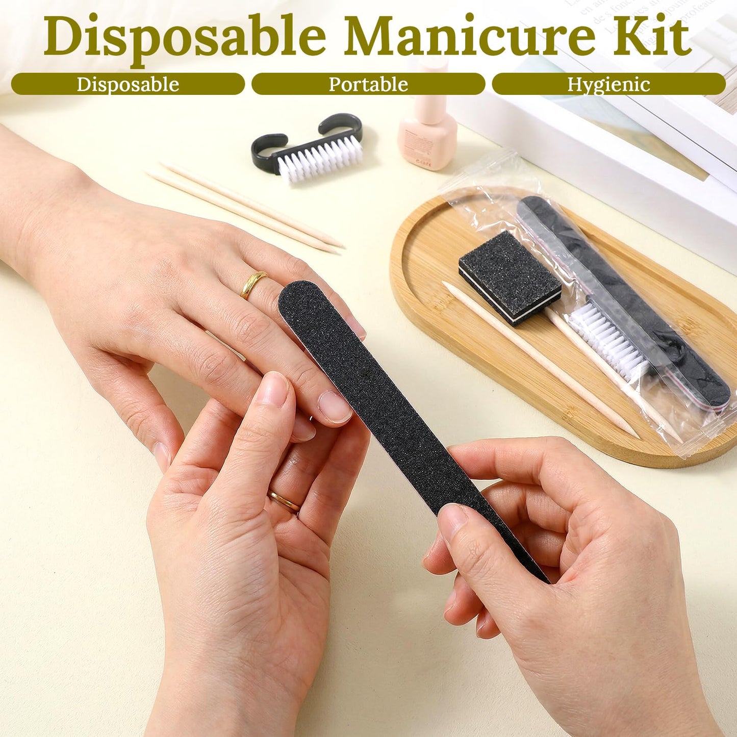 100 Sets Black Disposable Manicure Kit 4-in-1 Nail Kit for Business, Handle Grip Brush, Mini Nail Buffer Nails File and Wood Stick for Gifts Salon Professional