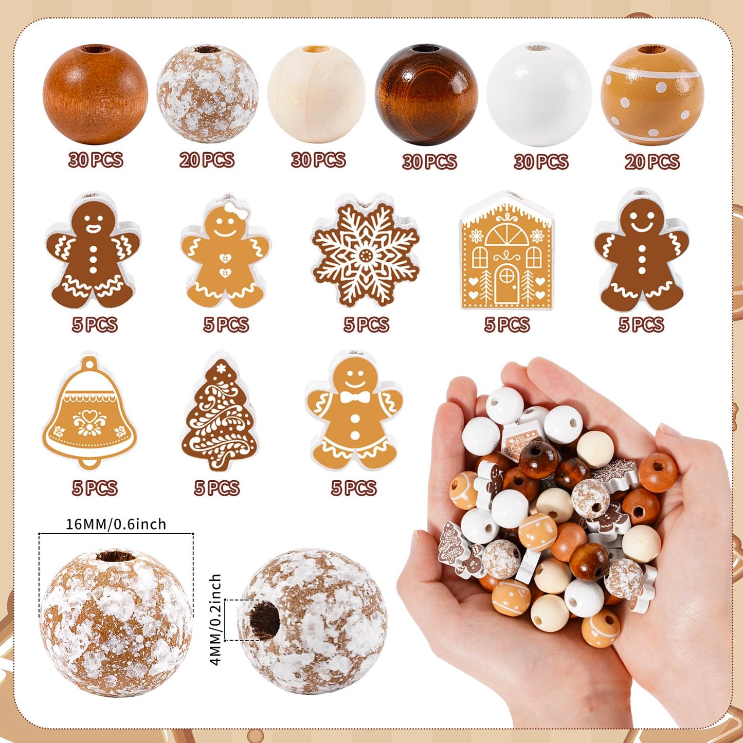 Whaline 200Pcs Christmas Wooden Beads Round Loose Bead Gingerbread Man Snowflake Craft Beads for Xmas Farmhouse Ornament DIY Making Winter Decor