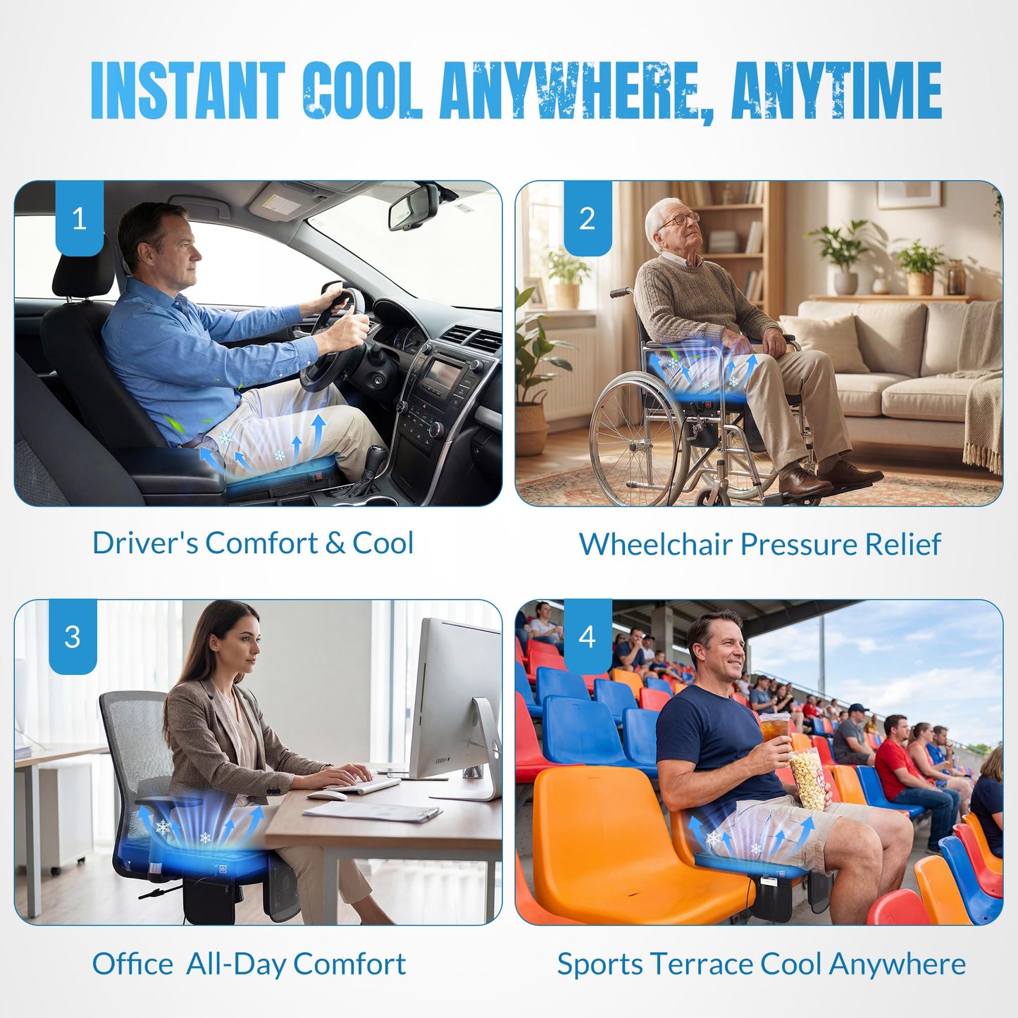 Cooling Seat Cushion with Fan, 5V2A USB Powered (No Battery), Gel Cooling Cushion with 3-Speed Airflow for Long Sitting, Plug-in Portable Seat Cushion for Office Chair, Car, Gaming, Wheelchair