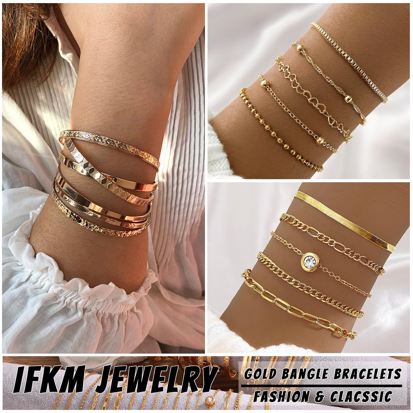 IFKM 35 PCS Chain Bangles Bracelets Set for Women, Multiple Layered Stackable Open Cuff Bangle Anklet Bracelet Trendy Elegance Link Beads Italian Boho Cuban Jewelry for Women Gift