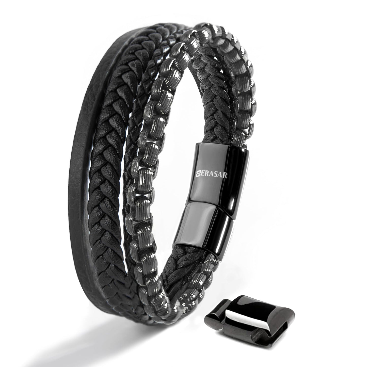 SERASAR Mens Original Leather Bracelet 20cm Black Men Gift Box Genuine Braided Adjust Able Magnetic Clasp Multi Layer Wrap Rope Man Mans Bracelets Jewelry Magnet Accessories