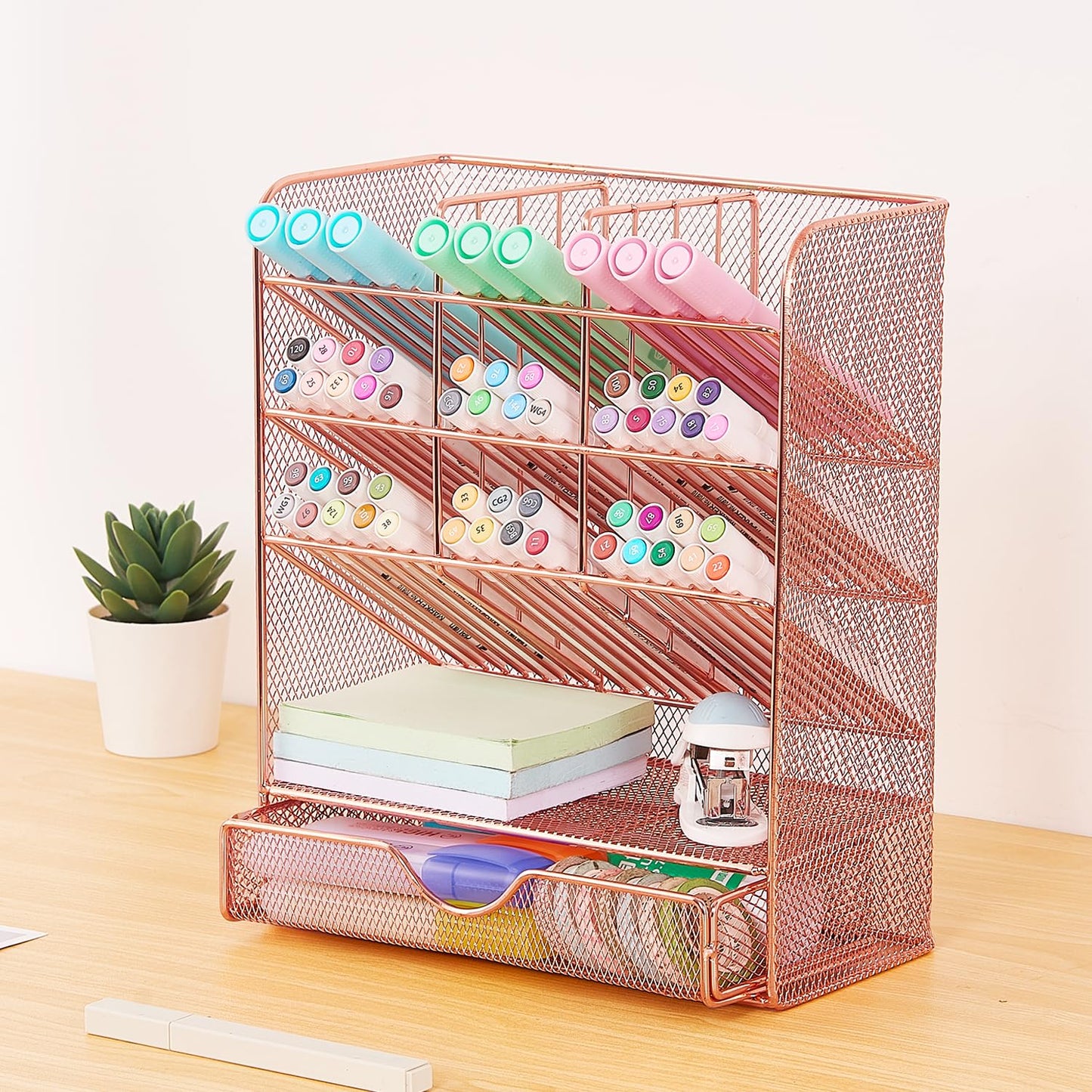 Spacrea Pen Holder Desk Organizer - Desk Organizers and Accessories, Pencil Holder with 10 Compartments and 1 Drawer（Rose Gold）