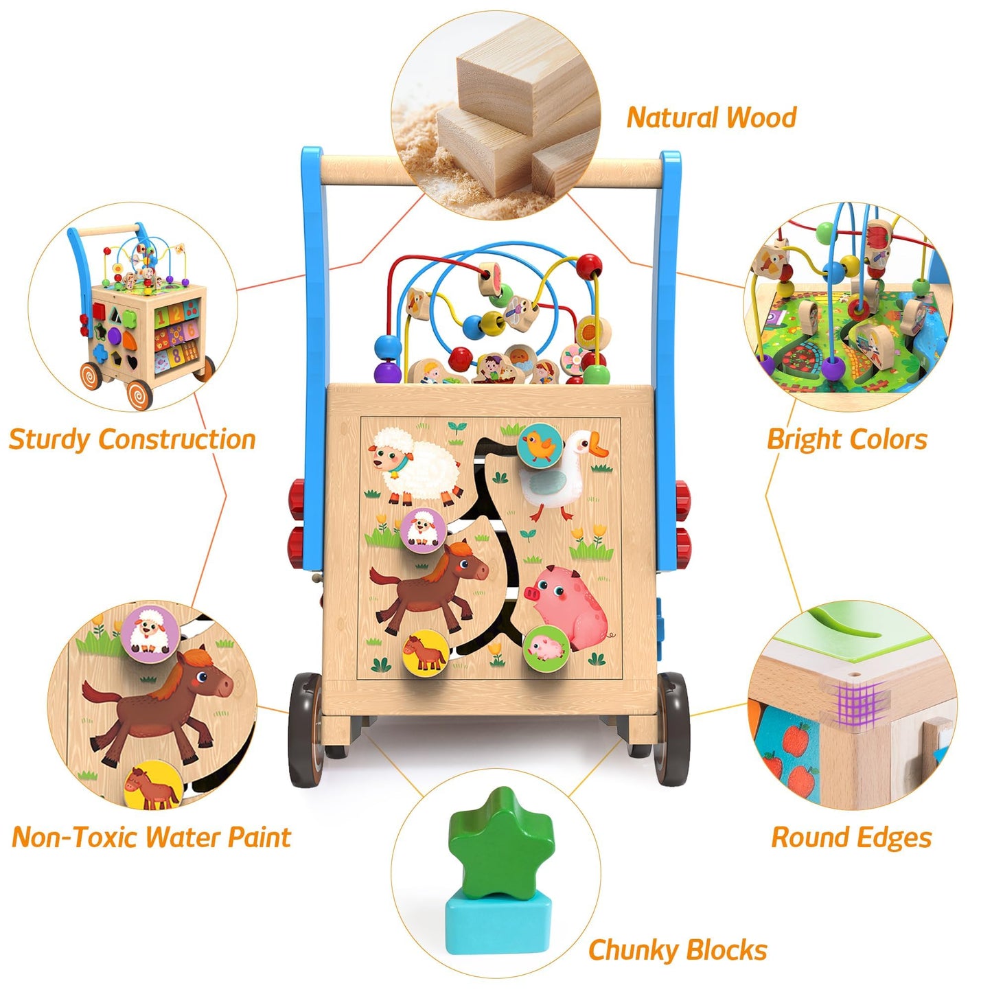 9-in-1 Wooden Activity Cube | Wooden Baby Walker, Sit-to-Stand Learning Walker Activity Center, Early Educational Push & Pull Toys for Baby Toddler Boys Girls, Height & Brake Adjustable
