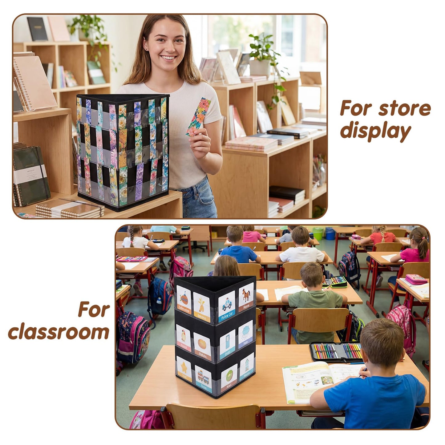 Faccito Bookmark Display Stand, Three-Sided Portable Holder with Multi-View Display, Black Desktop Rack for Bookmarks, Valentine-Themed Designs, Vendor Booths, Retail Stores