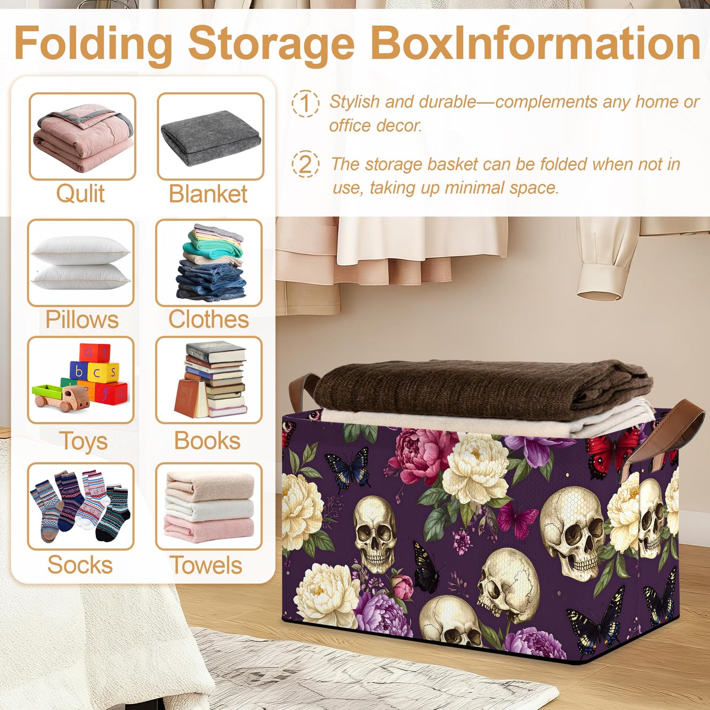 Oeaskly Storage Bins with Handles, Oxford Cloth Storage Basket with Sturdy Frame, Purple Flower Skeleton Collapsible Organizer for Closet, Shelf, Clothes, Towels, Home Storage