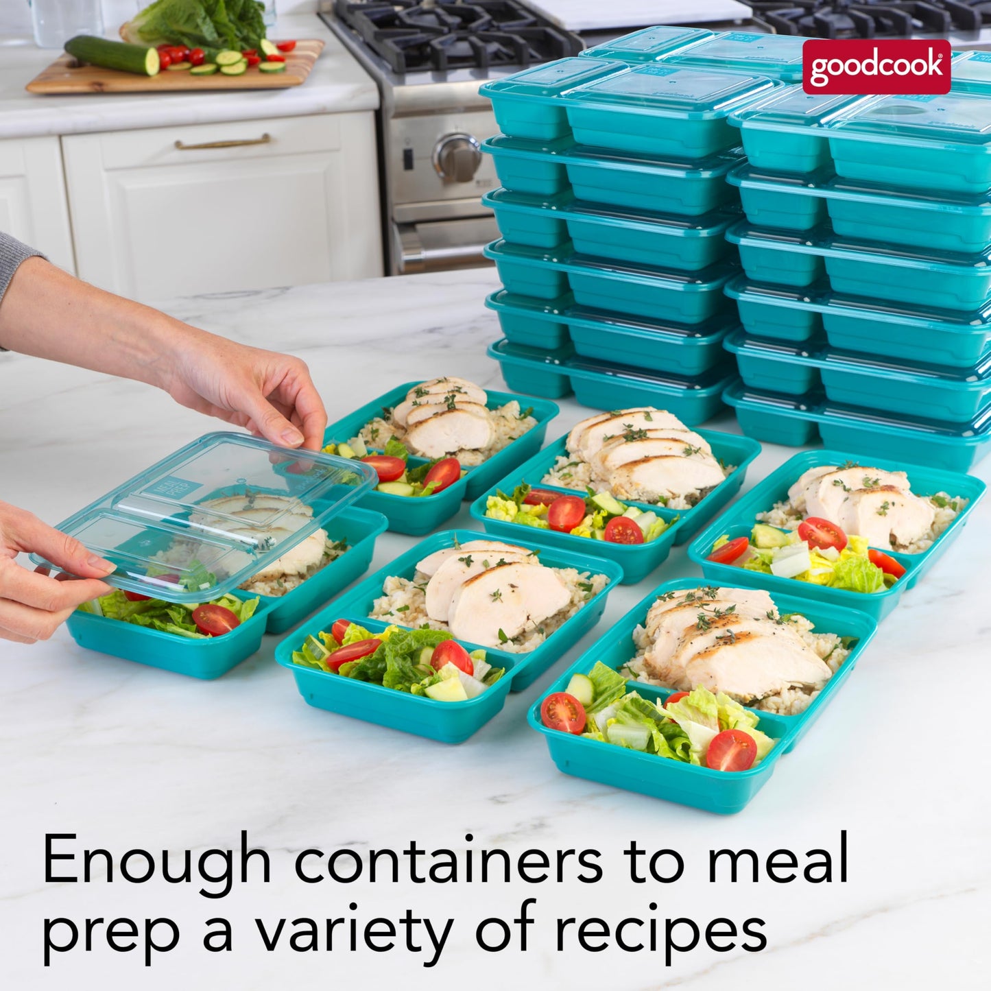 GoodCook Food Storage Containers for Meal Prep Rectangle Two Compartments & Made without BPA, 60-Piece Set, Teal