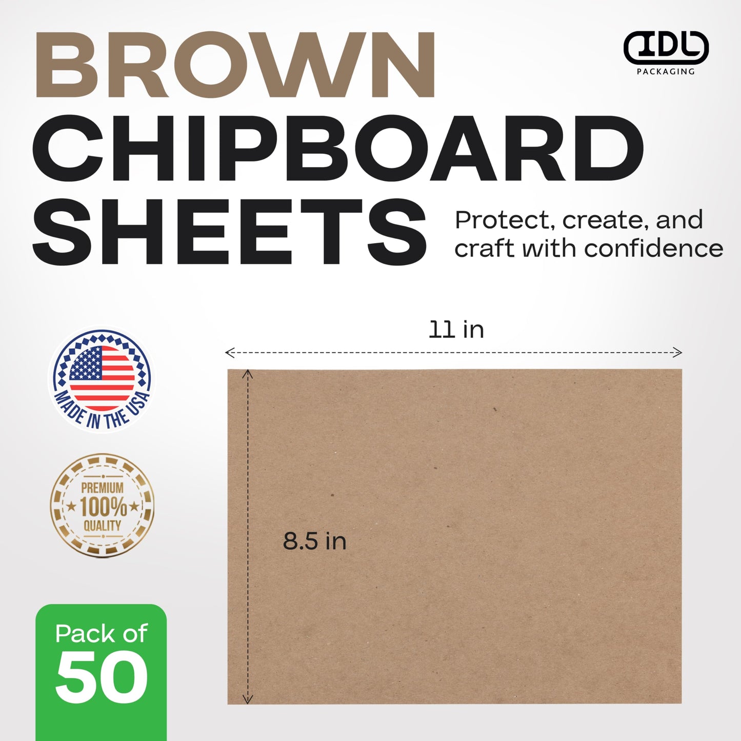 Chipboard Sheets 8.5" x 11", Pack of 50 - USA-Made Cardboard Sheets for Scrapbooking, Framing - Heavy-Duty 0.022" Thickness Brown Cardstock - Chip Board Pads for Crafts, DIY Projects by IDL Packaging