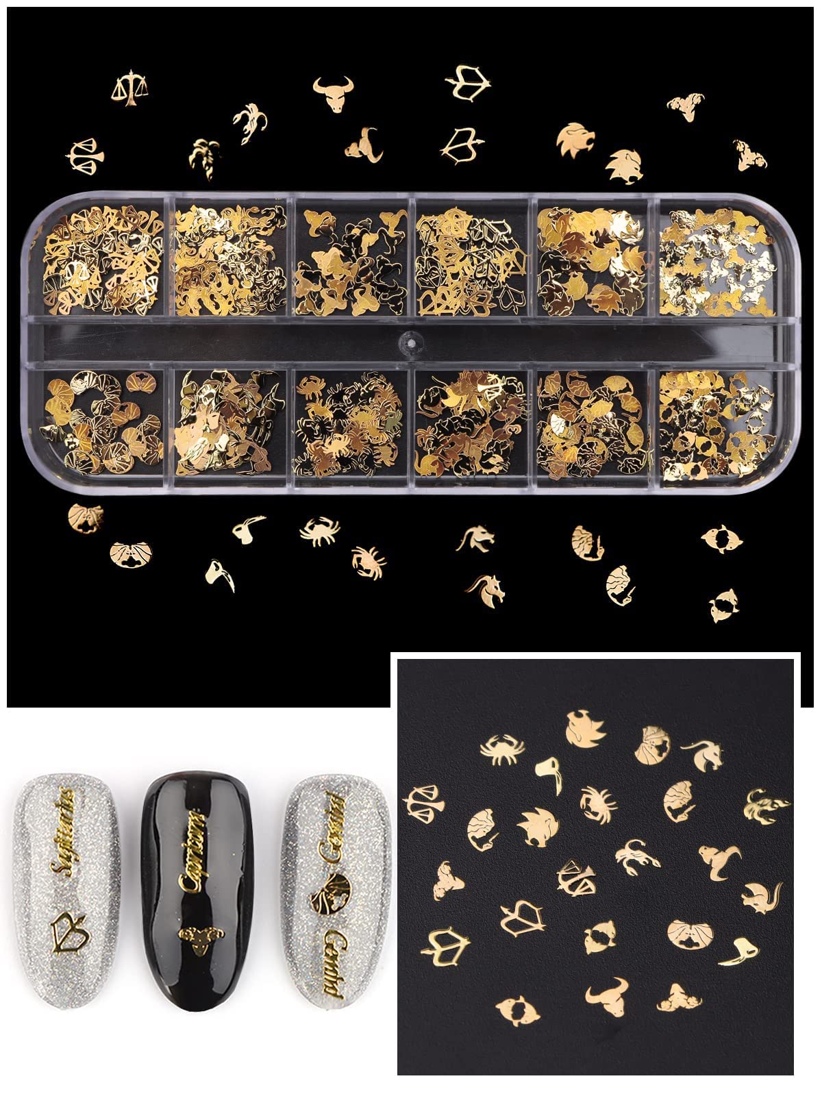 EBANKU 2 Boxes Zodiac Nail Charm, 3D Gold Twelve Constellation Charms for Nail Art, Alloy Nail Sequins Aquarius Nail Charms for Nail Art Decoration