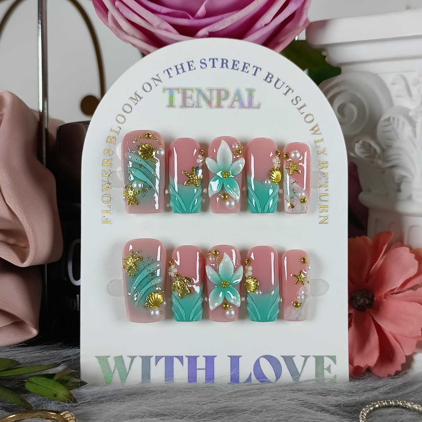 TENPAL Handmade Coffin Press on Nails Medium- Emerald Green Blushing Ombre Fake Nails with 3D Starfish & Shell Design, Coastal Elegance Style Glossy Acrylic Flowers False Nails with Tools(M)