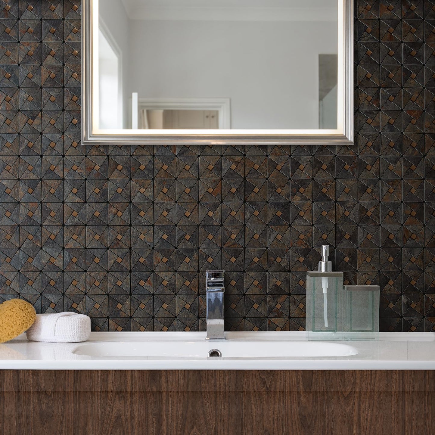 DICOFUN 10-Sheet Rustic Slate Look Peel and Stick Backsplash Tile, Mixed Glass Self-Adhesive Mosaic Tiles, Stainless Steel Stick on Wall Tiles for Kitchen and Bathroom Backspalsh, Mirror Decor