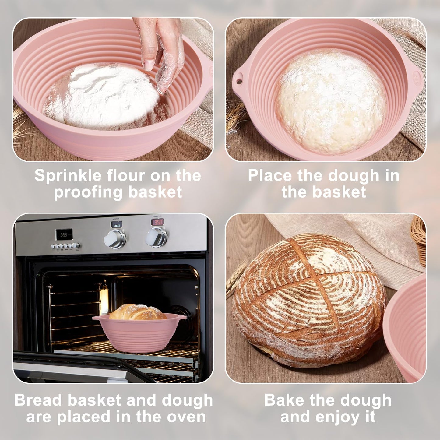 4-Pack Silicone Banneton Bread Proofing Baskets for Sourdough, 9 Inch Round Proofing Bowls with Handles, Built-In Reinforced Rim Support, Foldable, Oven & Dishwasher Safe, BPA Free