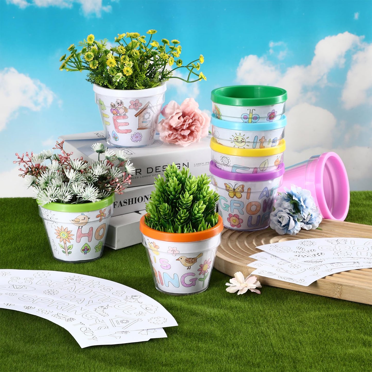 Meanplan 24 Pcs Spring DIY Flower Pots, Color Your Own Flowerpots Bulk Colorful Plastic Garden Pot Crafts Painting Kit for Adults DIY Art Projects Fun Activities