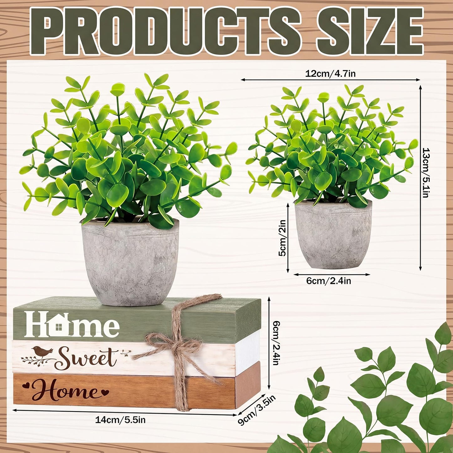 Wesiti 4 Pcs Spring Table Centerpieces with Fake Eucalyptus Pot Plant Home Sweet Home Decoration Farmhouse Tiered Tray Tabletop Decor Wooden Stack Book Block Sign for Desk Shelf Housewarming Gift