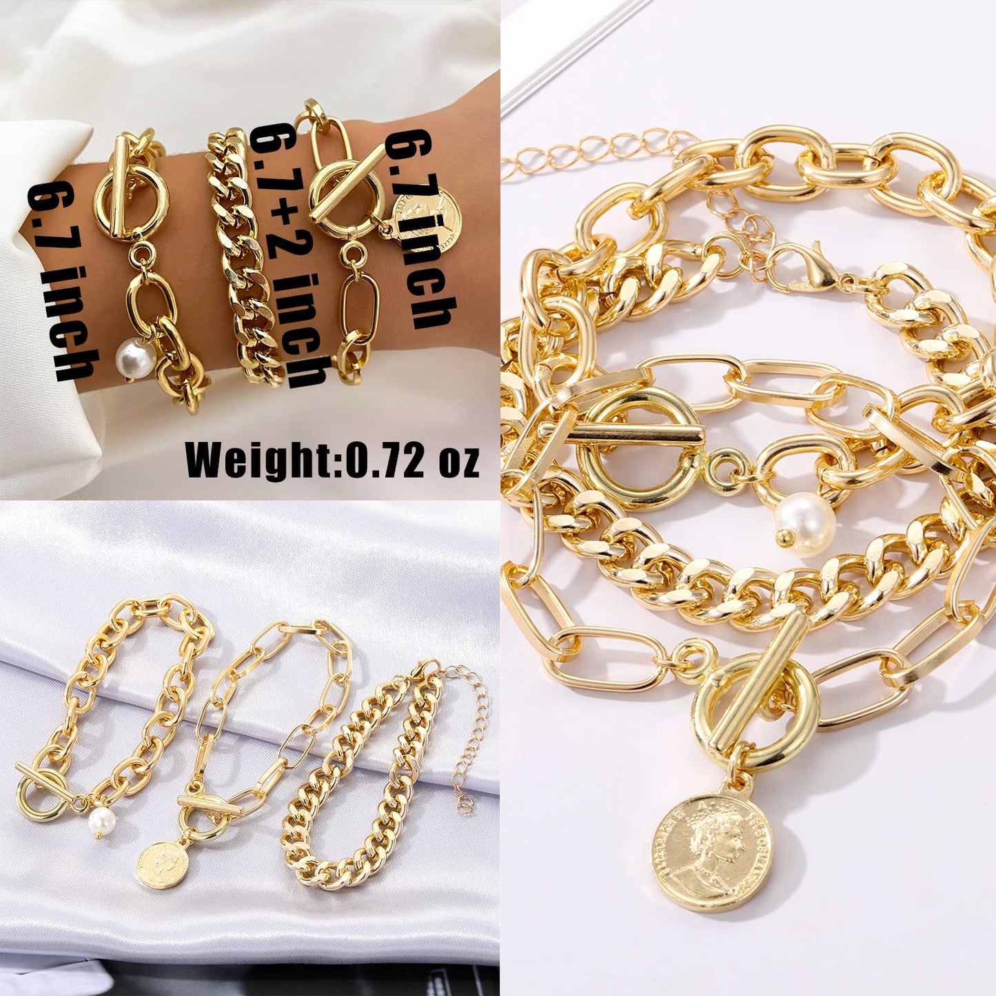 IFKM 6 PACK (22 PCS) Gold Chain Bracelets Set for Women, 14K Gold Plated Multiple Layered Stackable Open Cuff Wrap Bangle Bracelet Adjustable Link Italian Cuban Jewelry for Women Gift