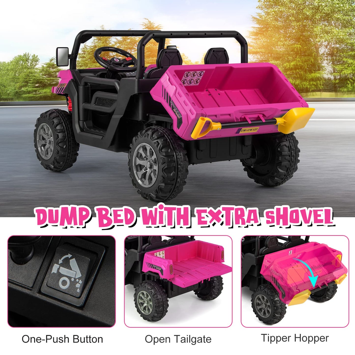 OLAKIDS 2 Seater Ride On Car, 12V Off-Road UTV Electric Vehicle with Remote Control, Dump Bed, Extra Shovel, Music, USB, AUX, Rocking Function, Kids Toddlers Battery Powered Truck (Rose)