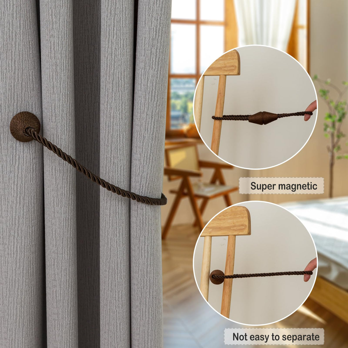 Magnetic Curtain Tiebacks 6 Pack Outdoor Rope Curtain Tie Backs Decorative Window Treatment Holdbacks for Home Decorative Curtain (6 Count)