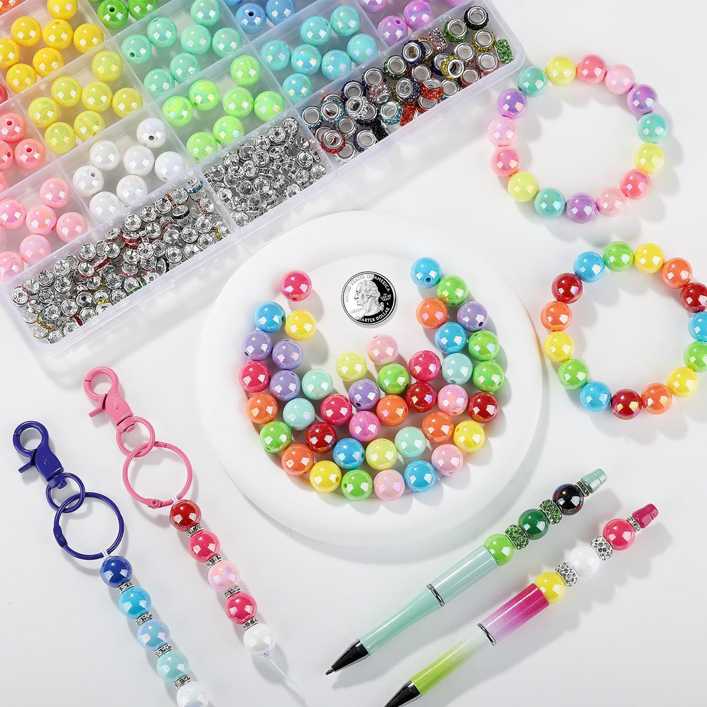 Funtopia 290pcs Beads for Pens, 14mm Focal Beads Pen Making Kit for Keychains Beadable Pens, Rainbow Chunky Bubblegum Acrylic Beads with Rhinestone Rondelle Spacer Bead for DIY Craft Supplies