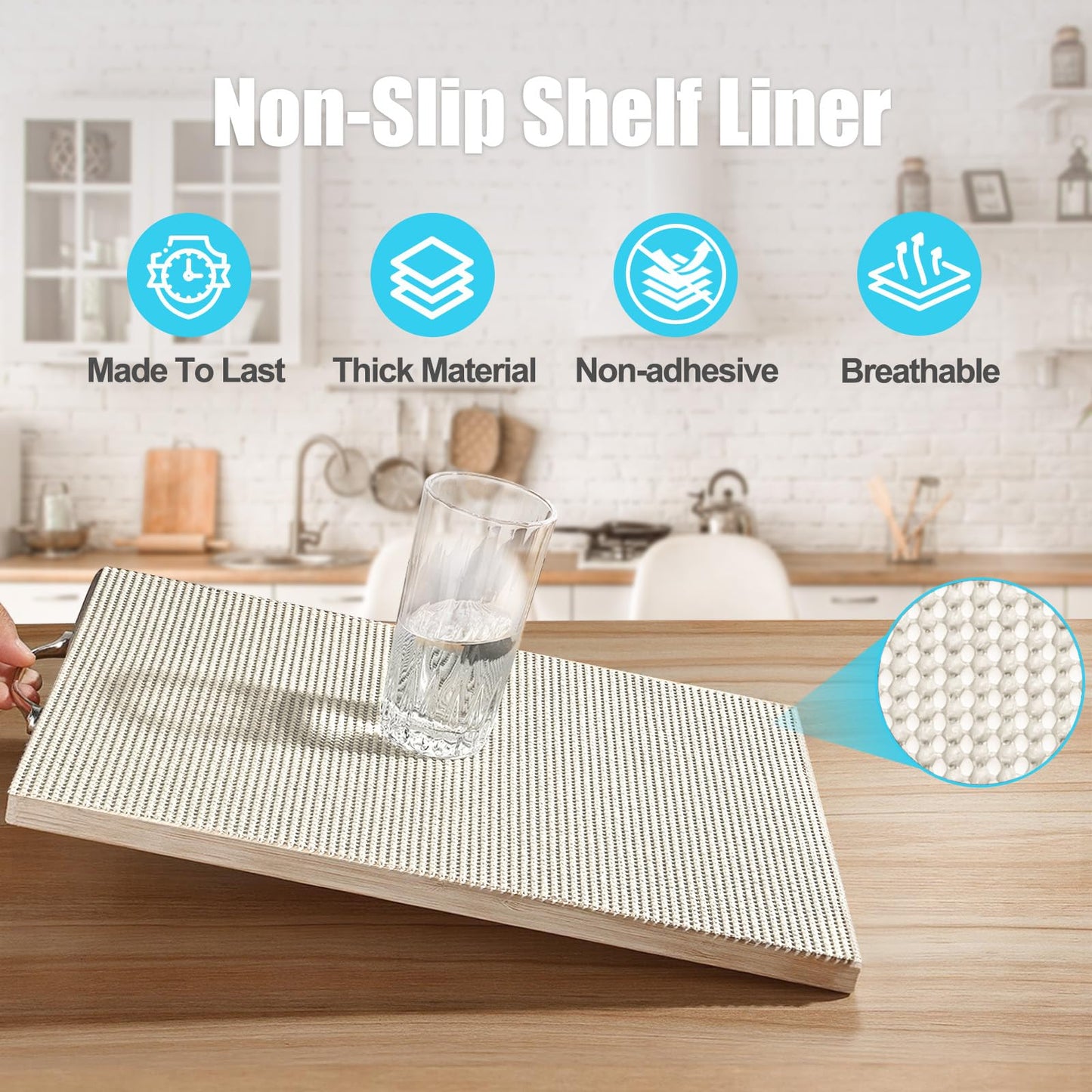 Songrey Non-Adhesive Drawer and Shelf Liner, Non Slip Cabinet Liners, Protect Kitchen Cupboard, Bathroom Drawers, Breathable, Thick Strong Grip mat (12IN x 20FT, Cream)