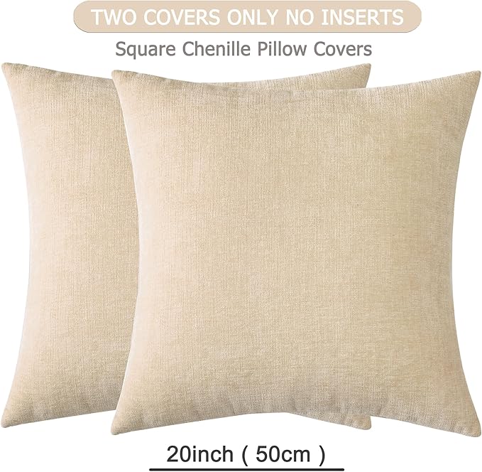 GAWAMAY Decorative Square Throw Pillow Covers 20"x20" Inch Set of 2, Super Soft Chenille Pillows Farmhouse Fall Pillowcase for Living Room Bedroom Sofa Couch Cushion Cover Beige 50x50cm (No Insert)
