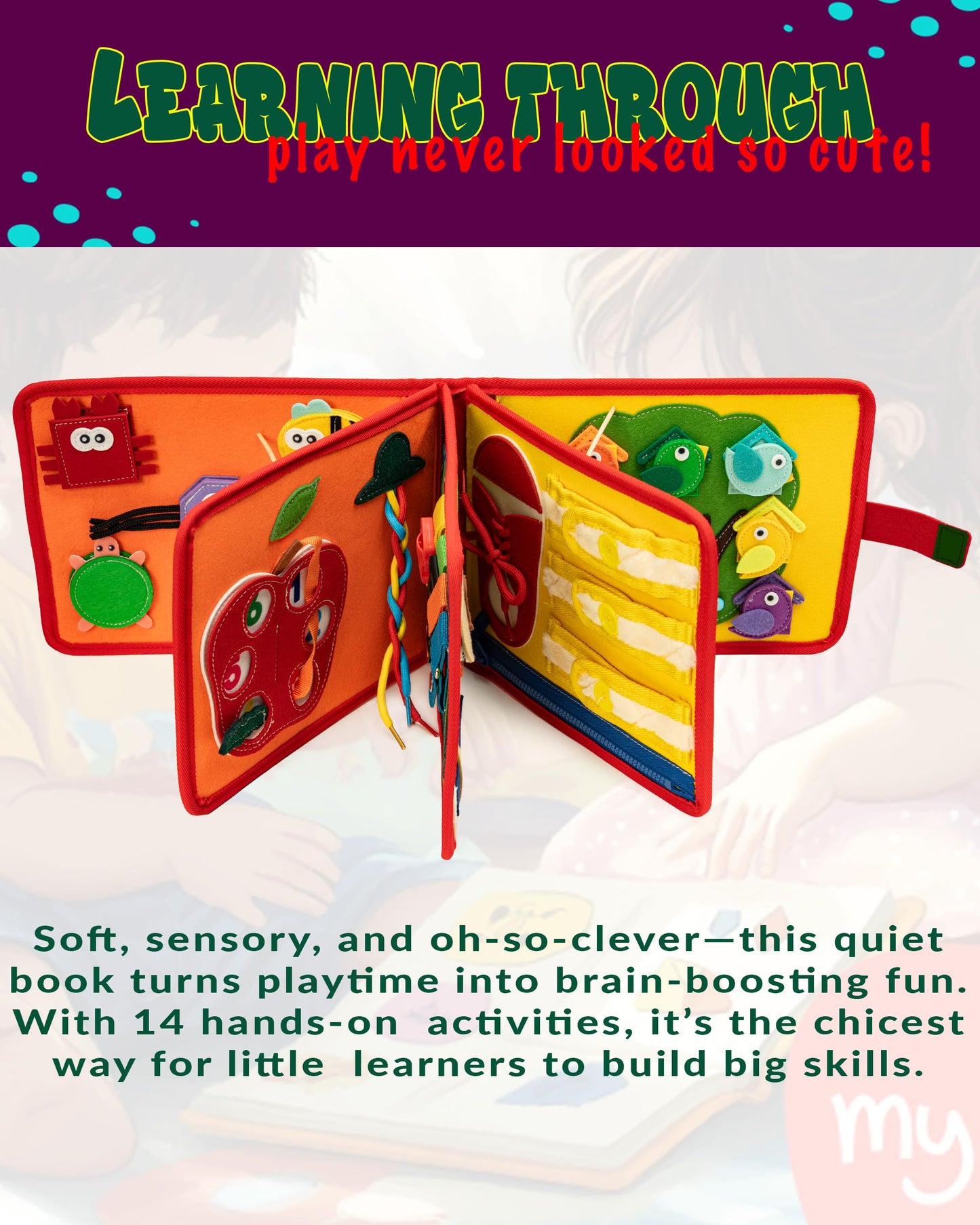 HappyVk Busy Book for Toddlers - Montessori Travel Toys with 13 Educational Activities - My Quiet Book - and A Felt Activity Board Game with 10 Weaving Strips